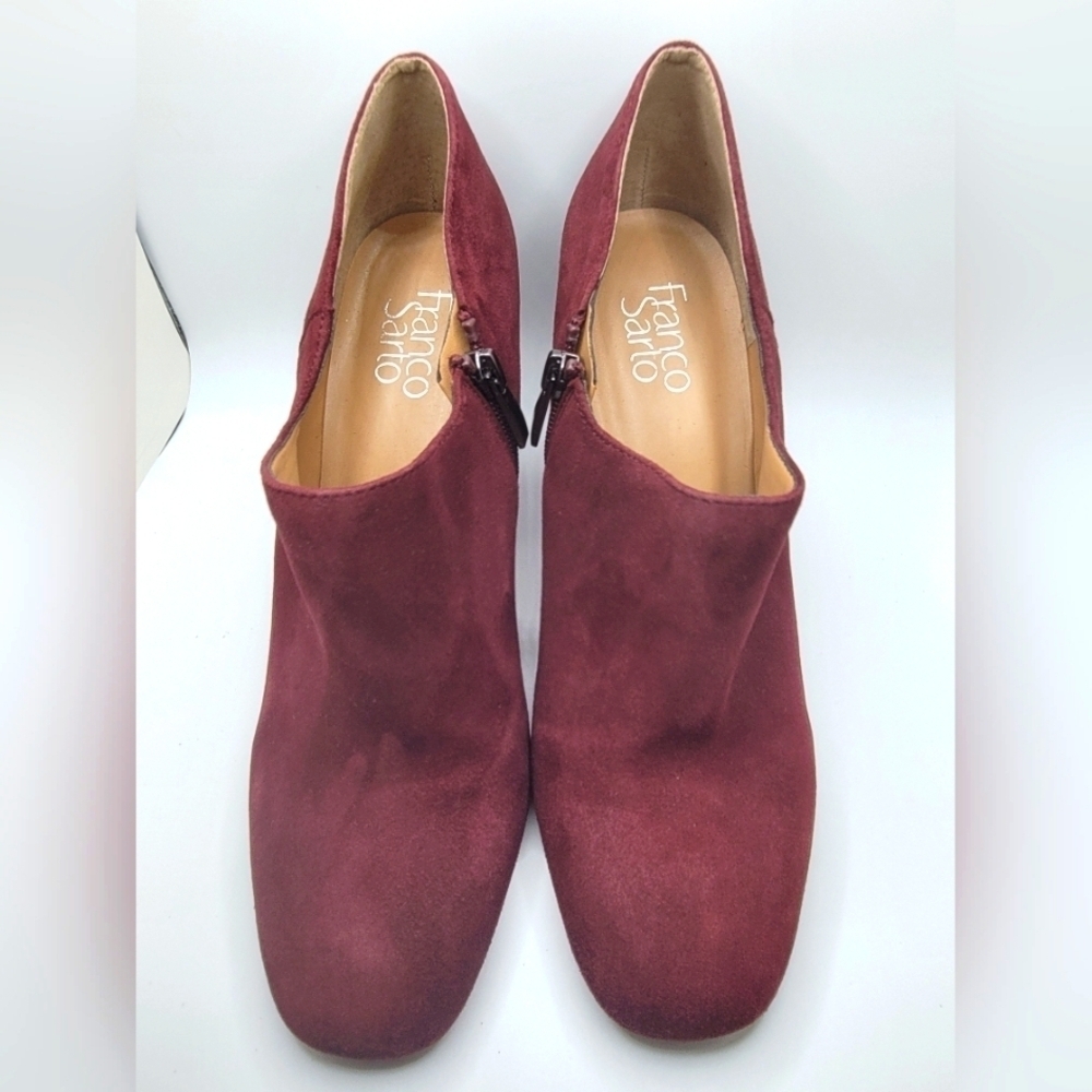 Franco Sarto Sz 10M Leather Suede Block Heel 3.5" Burgundy Zip Up Ankle Bootie - Picture 2 of 12